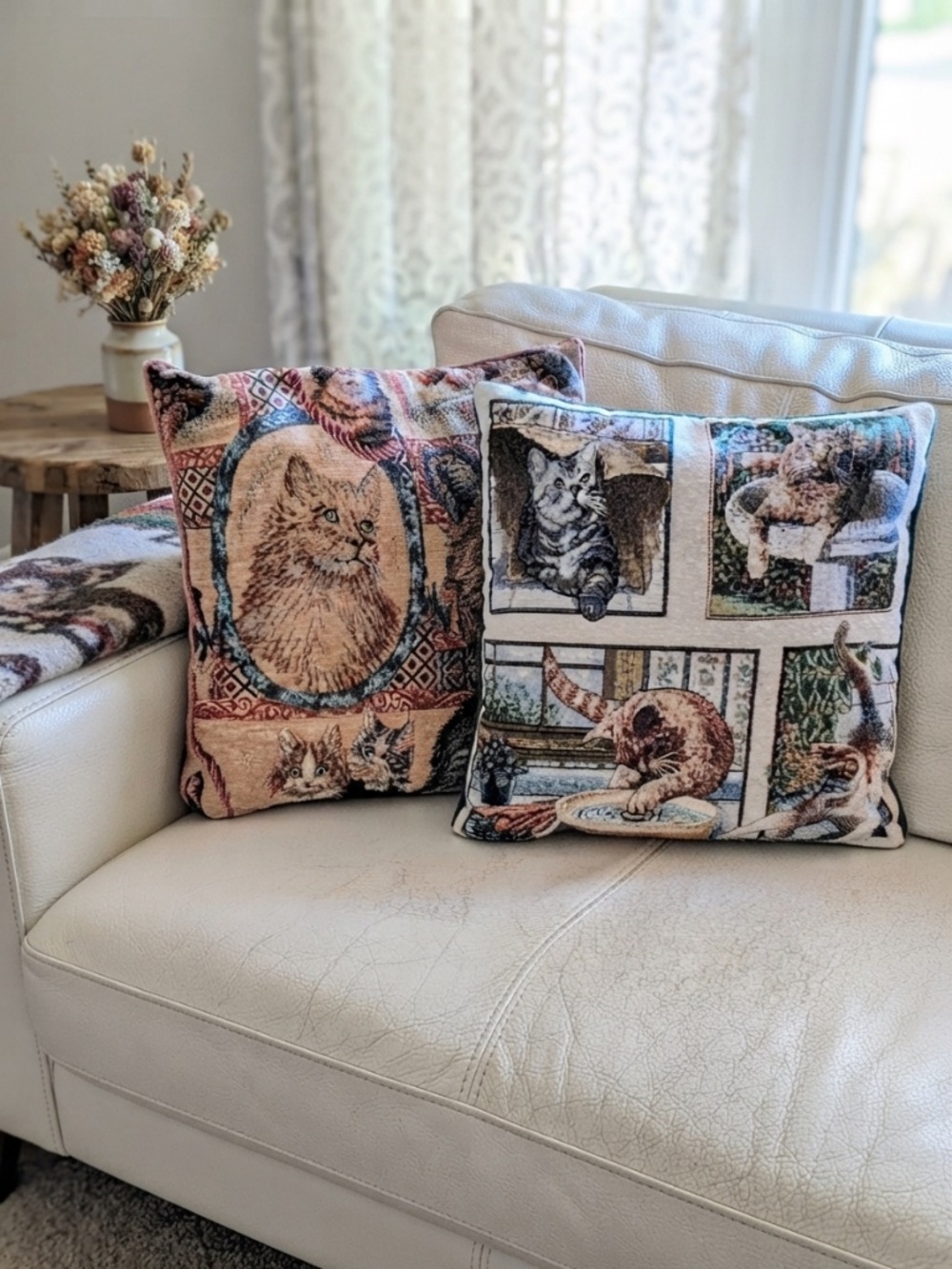 Vintage Woven Cat Tapestry Throw Pillows Set Cottagecore Feline Home Decor 16X16